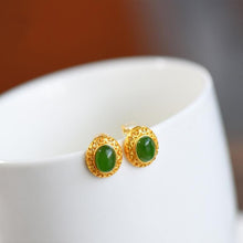 Load image into Gallery viewer, Independent Design Ancient Golden Craftsmanship Inlaid Natural Fine Jade Oval Earrings Elegant Ladies Silver Jewelry
