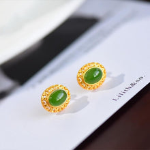 Load image into Gallery viewer, Independent Design Ancient Golden Craftsmanship Inlaid Natural Fine Jade Oval Earrings Elegant Ladies Silver Jewelry
