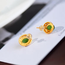 Load image into Gallery viewer, Independent Design Ancient Golden Craftsmanship Inlaid Natural Fine Jade Oval Earrings Elegant Ladies Silver Jewelry
