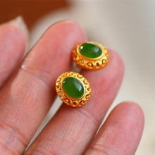 Load image into Gallery viewer, Independent Design Ancient Golden Craftsmanship Inlaid Natural Fine Jade Oval Earrings Elegant Ladies Silver Jewelry
