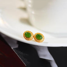 Load image into Gallery viewer, Independent Design Ancient Golden Craftsmanship Inlaid Natural Fine Jade Oval Earrings Elegant Ladies Silver Jewelry
