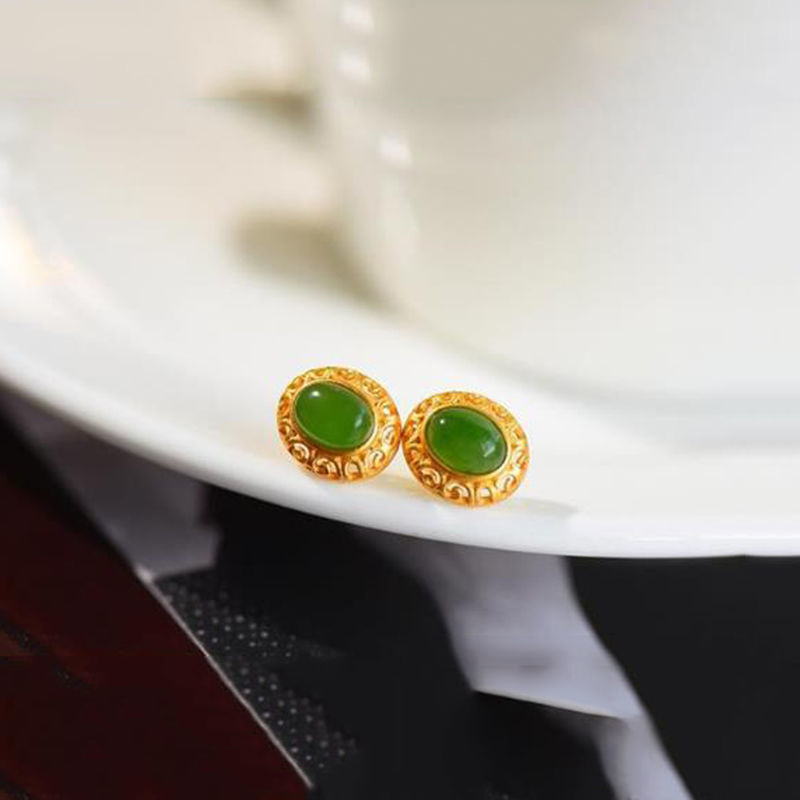 Independent Design Ancient Golden Craftsmanship Inlaid Natural Fine Jade Oval Earrings Elegant Ladies Silver Jewelry