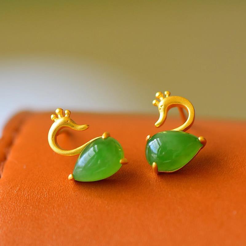 Independent Design Craftsmanship Natural Fine Jade Drop-shaped Little Swan Earrings Cute Ladies Silver Jewelry