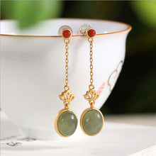 Load image into Gallery viewer, Independent Design Craftsmanship Natural Fine Jade Oval Long Lotus Earrings Luxury Elegant Jewelry
