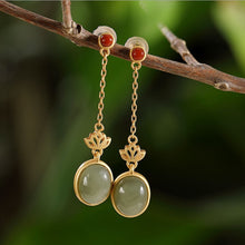 Load image into Gallery viewer, Independent Design Craftsmanship Natural Fine Jade Oval Long Lotus Earrings Luxury Elegant Jewelry
