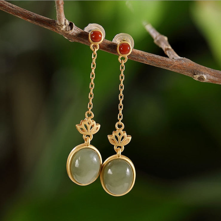 Independent Design Craftsmanship Natural Fine Jade Oval Long Lotus Earrings Luxury Elegant Jewelry