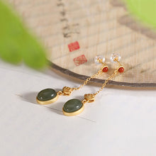 Load image into Gallery viewer, Independent Design Craftsmanship Natural Fine Jade Oval Long Lotus Earrings Luxury Elegant Jewelry
