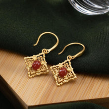 Load image into Gallery viewer, Independent Design Ancient Golden Craftsmanship Southern Red Agate Square Earrings Exquisite and Elegant Ladies Silver Jewelry
