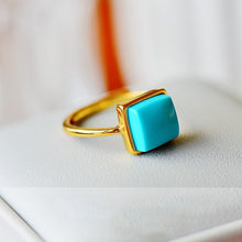 Load image into Gallery viewer, Independent Design Natural Fine Square Turquoise Opening Adjustable Ring Palace Style Retro Ladies Silver Jewelry
