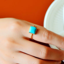 Load image into Gallery viewer, Independent Design Natural Fine Square Turquoise Opening Adjustable Ring Palace Style Retro Ladies Silver Jewelry
