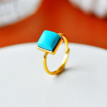 Load image into Gallery viewer, Independent Design Natural Fine Square Turquoise Opening Adjustable Ring Palace Style Retro Ladies Silver Jewelry
