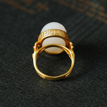 Load image into Gallery viewer, Independent Design Natural Fine White Jade Gilt Oval Opening Adjustable Ring Ladies Jewelry
