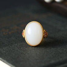 Load image into Gallery viewer, Independent Design Natural Fine White Jade Gilt Oval Opening Adjustable Ring Ladies Jewelry
