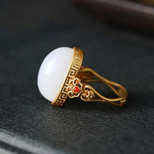 Load image into Gallery viewer, Independent Design Natural Fine White Jade Gilt Oval Opening Adjustable Ring Ladies Jewelry
