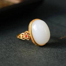 Load image into Gallery viewer, Independent Design Natural Fine White Jade Gilt Oval Opening Adjustable Ring Ladies Jewelry
