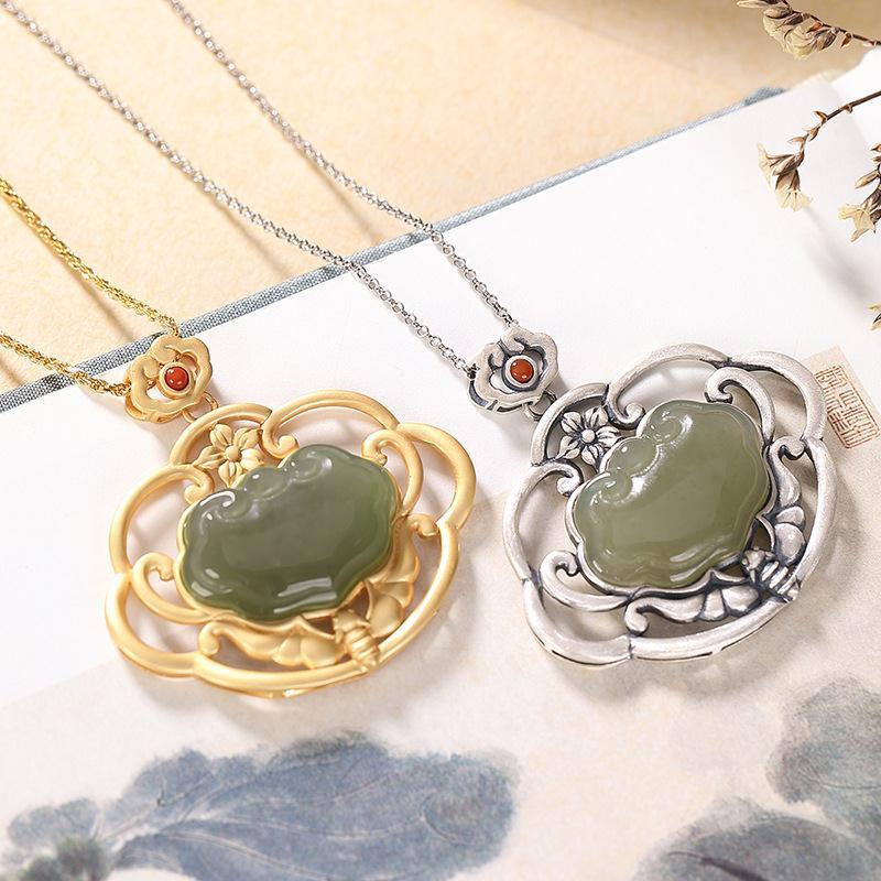 Independent Design Natural Fine Jade Gold and Silver Necklace Pendant Luxury Exquisite Lady Silver Jewelry