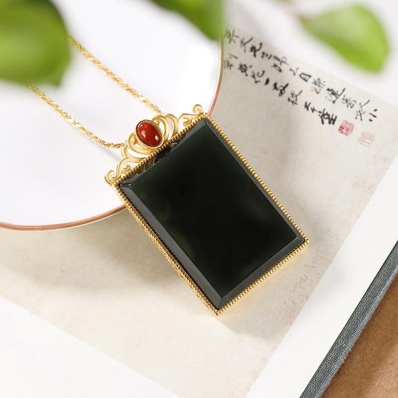 Independent Design Natural Fine Jade Green Square Necklace Pendant Retro Luxury Ladies Silver Jewelry