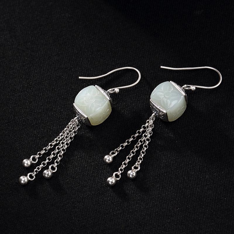 Independent Design Retro Inlaid Fine White Jade Tassels for Ladies Earrings Elegant Silver Jewelry