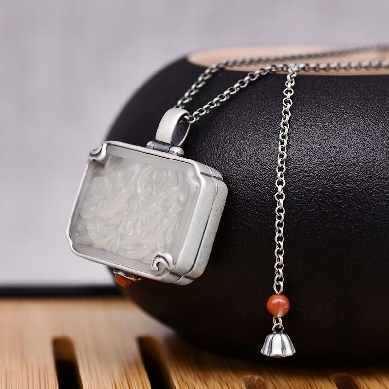 Independent Design Fine White Jade Suitecase Box Pendant Necklace Retro Jewelry