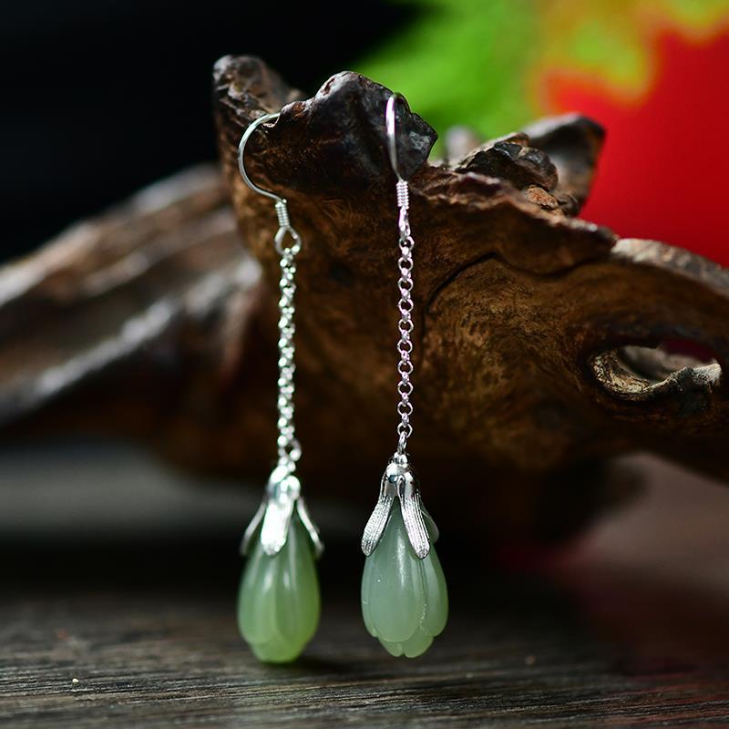 Lokaloca Silver Inlaid Fine Jade Long Earrings