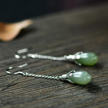 Load image into Gallery viewer, Lokaloca Silver Inlaid Fine Jade Long Earrings
