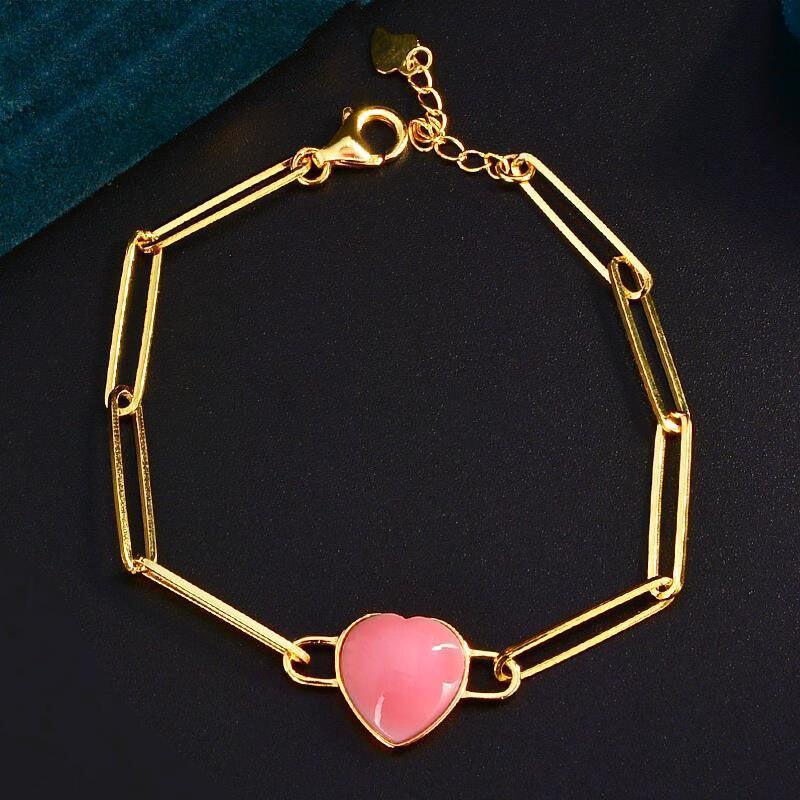 Inspiration Design Chain Pink Heart Shaped Natural Crystal Bracelet Luxury Exquisite Ladies Wedding Silver Jewelry