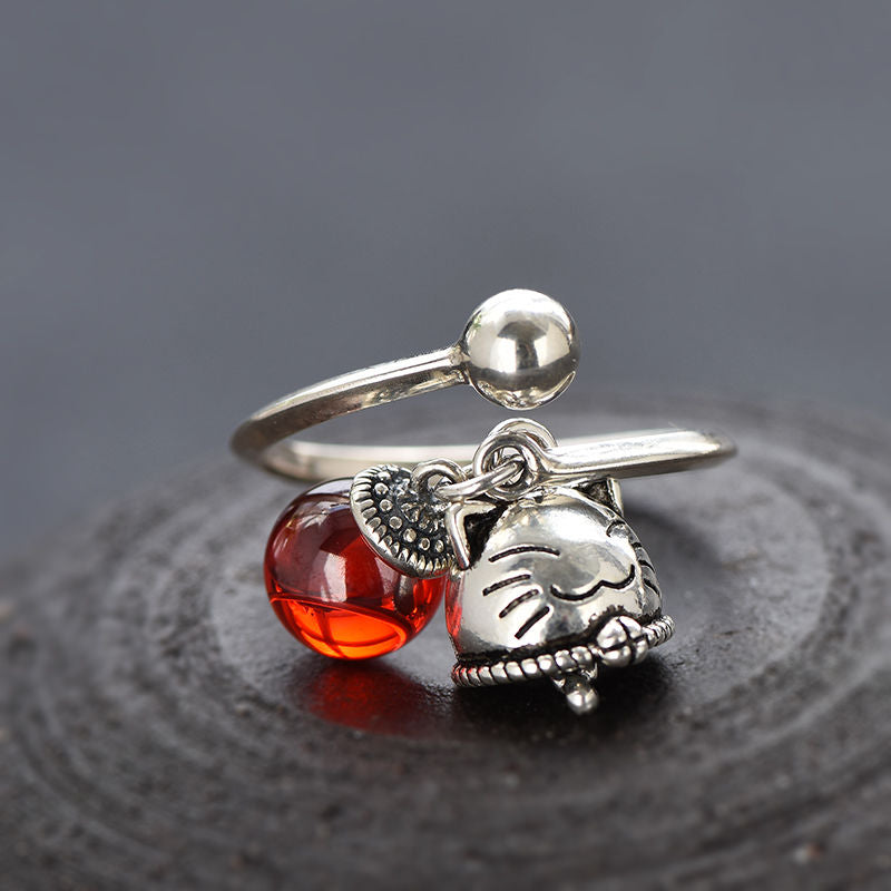 Trendy Silver Retro Lucky Cat Bell Opening Adjustable Ring Lady's Jewelry