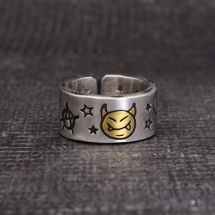 Original Design Smiling Devil Thai Silver Open Ring Bohemian Hip Hop Accessories