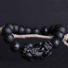 Load image into Gallery viewer, Handcrafted Natural Black Obsidian Tibetan Letter Beaded Piyao Charm Bracelet
