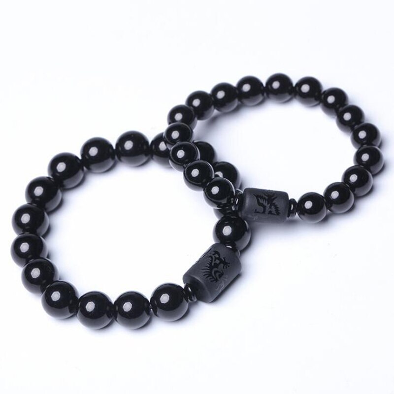 Natural Black Obsidian Carved Lucky Amulet Beaded Charm Bracelet