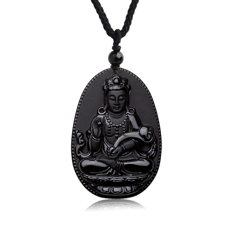 Handcrafted Natural Black Obsidian Buddha Avalokitesvara Pendant Necklace