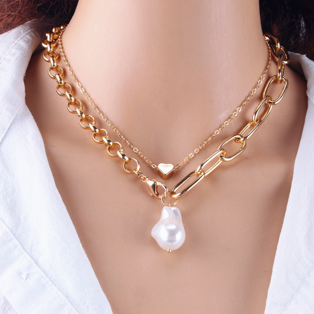 2Pcs/1Set Cuban Link Chain Cute Heart Barqoue Pearls Pendant Necklace