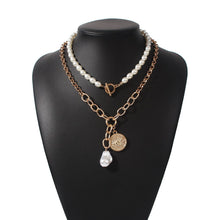 Load image into Gallery viewer, 2Pcs/1Set Vintage Cuban Link Chain Baroque Pearl Coin Pendant Choker Necklace
