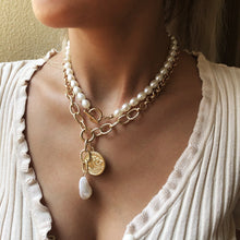 Load image into Gallery viewer, 2Pcs/1Set Vintage Cuban Link Chain Baroque Pearl Coin Pendant Choker Necklace
