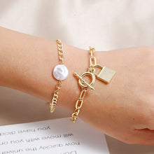 Load image into Gallery viewer, 2Pcs/Set Ethnic Cuban Link Chain Padlock Pearl Charm Bracelet
