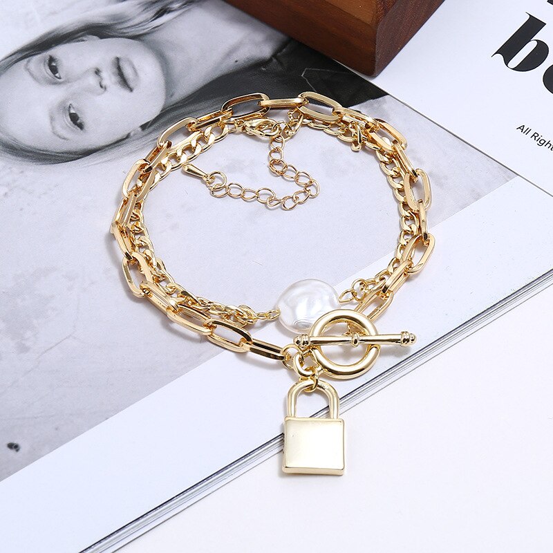 2Pcs/Set Ethnic Cuban Link Chain Padlock Pearl Charm Bracelet