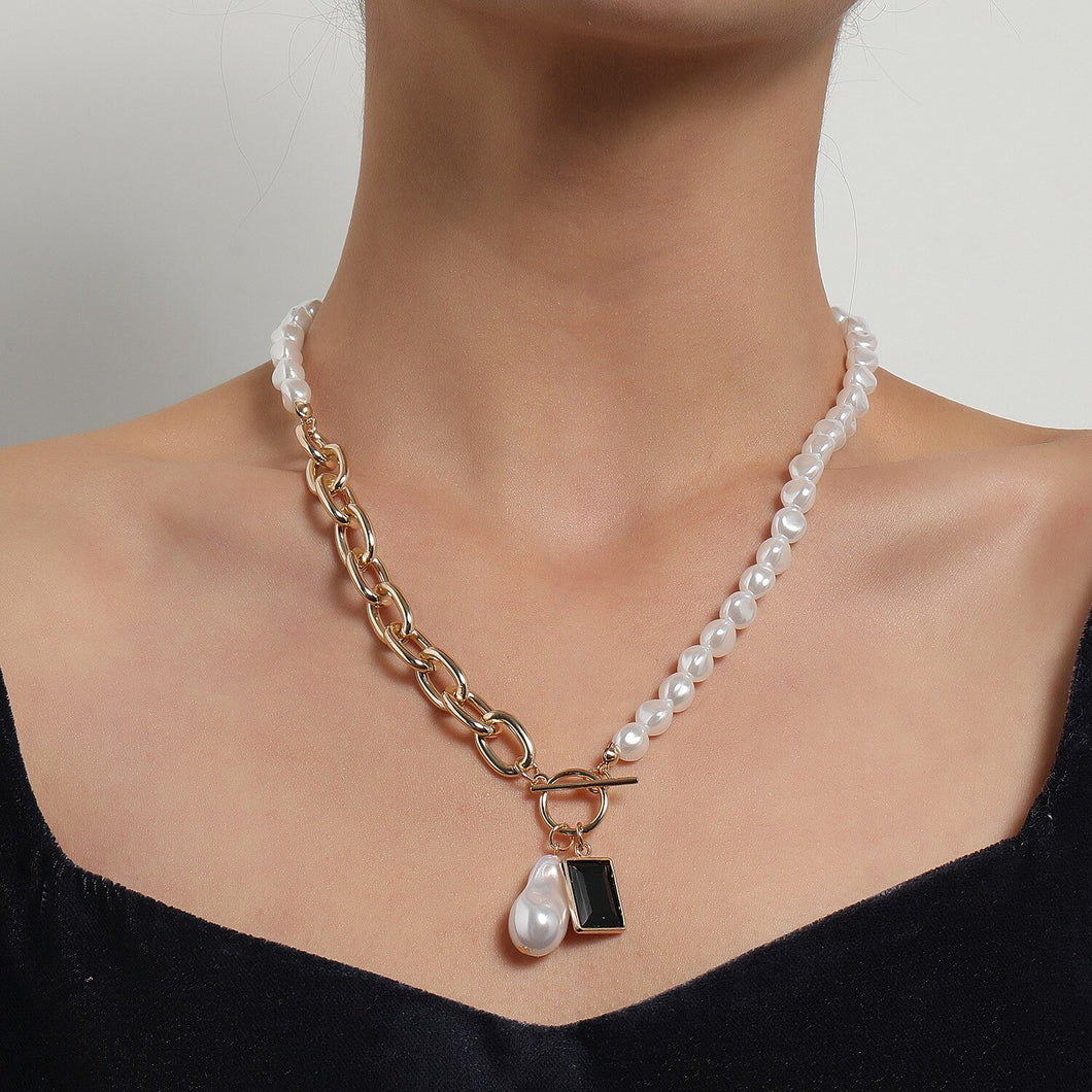 Somnambulist Half Chain Half Baroque Pearl Black Agate Pendant Necklace