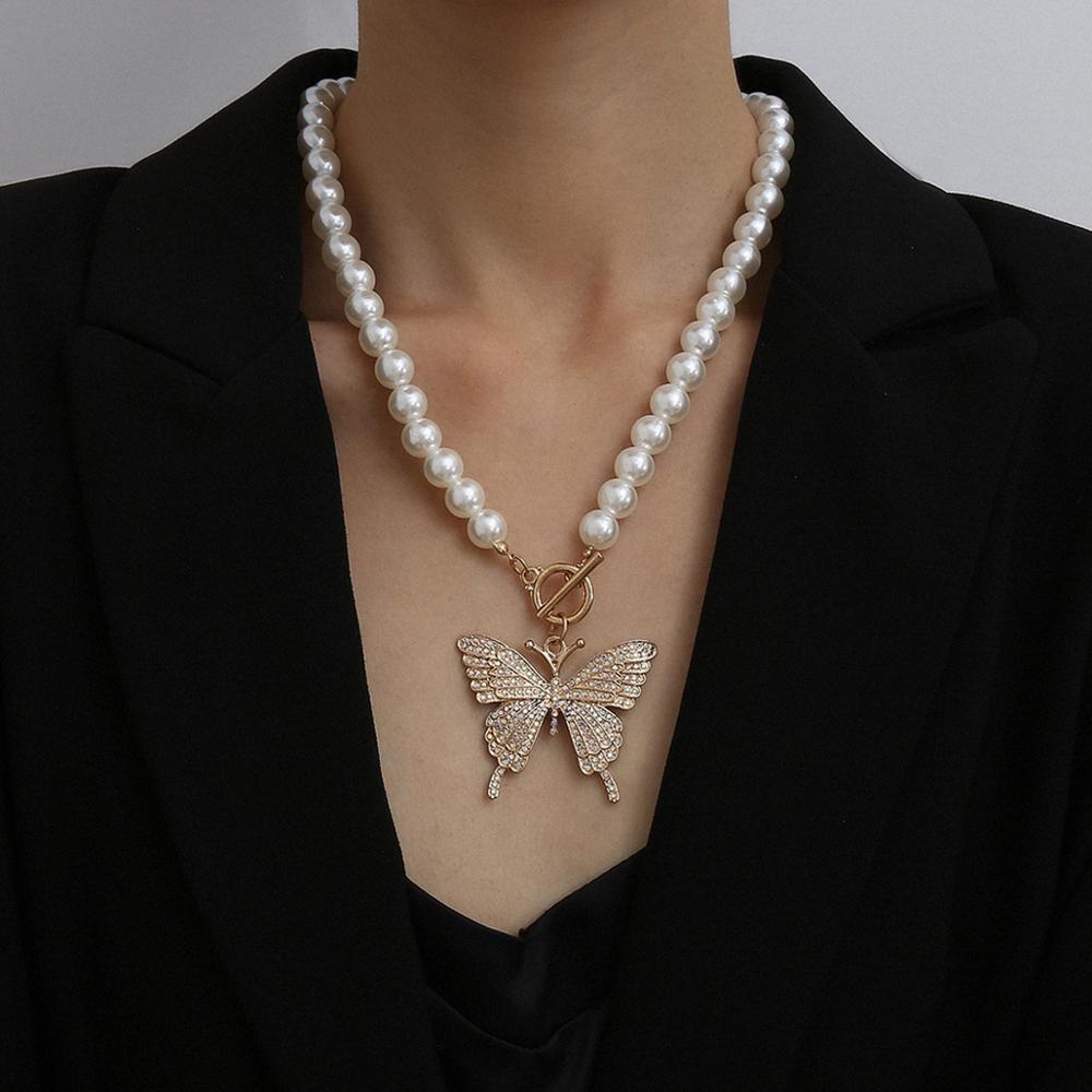 Designer Pearl Beaded Bling Crystal Butterfly Pendant Necklaces for Women