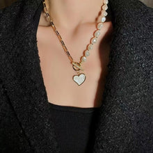 Load image into Gallery viewer, Half Chain Half Pearl Cuban Link Enamel Heart Pendant Necklace
