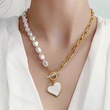 Load image into Gallery viewer, Half Chain Half Pearl Cuban Link Enamel Heart Pendant Necklace
