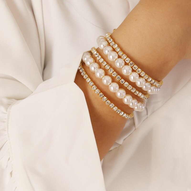 Byzantine Luxury 3/4/5 Layered Tennis Pearl Beaded Bracelets Bangles Set