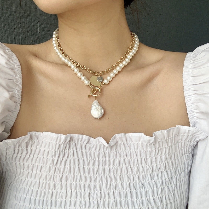 Multilayer Link Chain Pearl Beaded  Baroque Irregular Pearl Pendant Choker Necklace