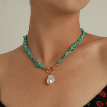 Load image into Gallery viewer, Minimalist Design Vintage Lab Turquoise Baroque Pearl Toggle Pendant Choker Necklace
