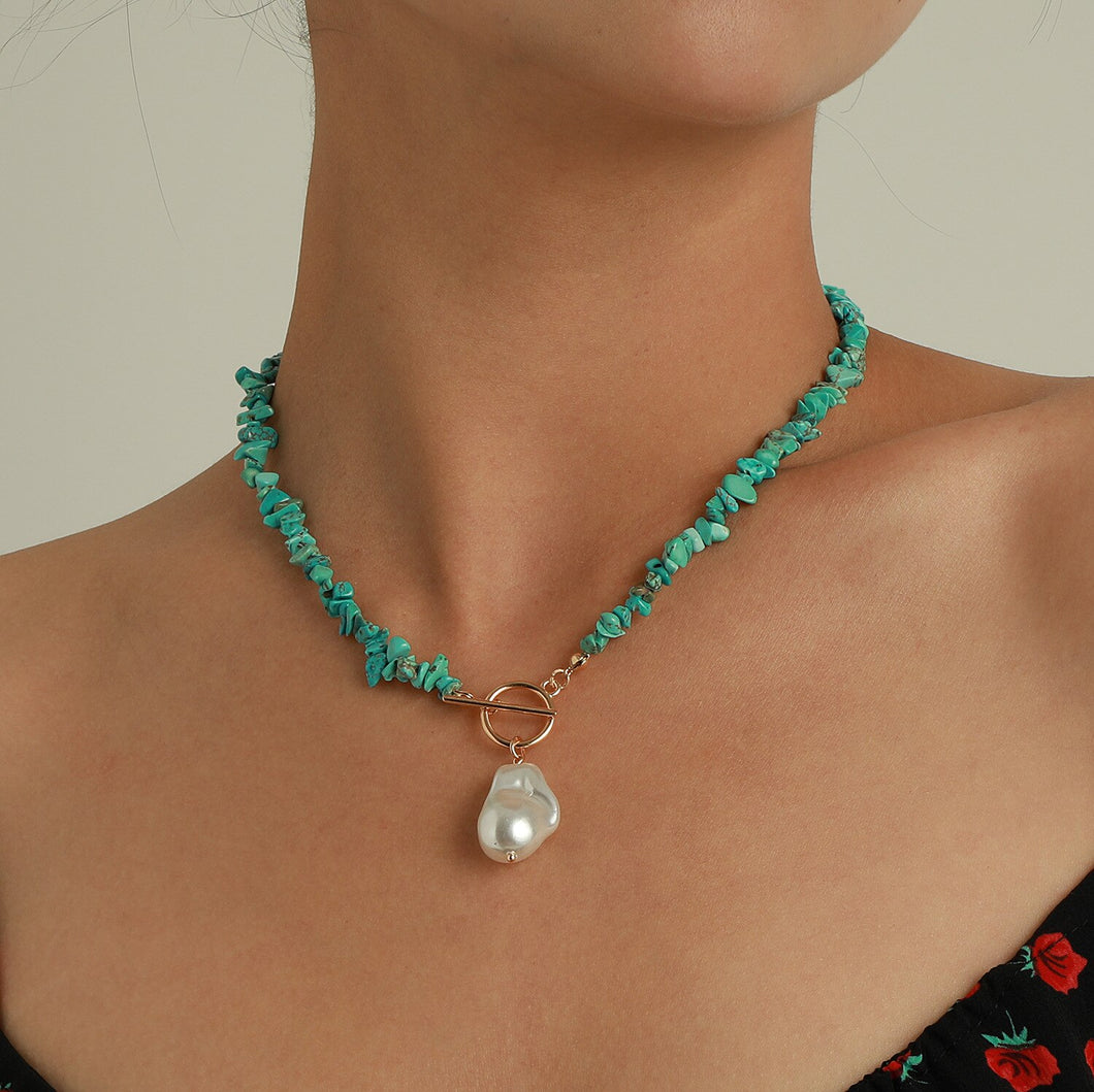 Minimalist Design Vintage Lab Turquoise Baroque Pearl Toggle Pendant Choker Necklace