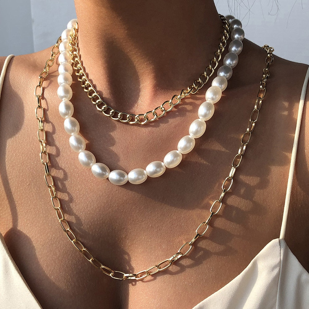 Multilayer Cuban Link Chain Pearl Beaded Choker Necklace