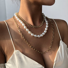 Load image into Gallery viewer, Multilayer Cuban Link Chain Pearl Beaded Choker Necklace
