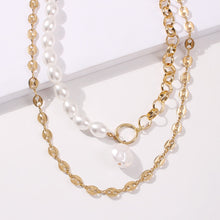 Load image into Gallery viewer, Half Chain Half Pearl 2 Layers Cuban Link Chain Baroque Pearl Pendant Choker Necklaces
