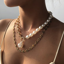 Load image into Gallery viewer, Half Chain Half Pearl 2 Layers Cuban Link Chain Baroque Pearl Pendant Choker Necklaces
