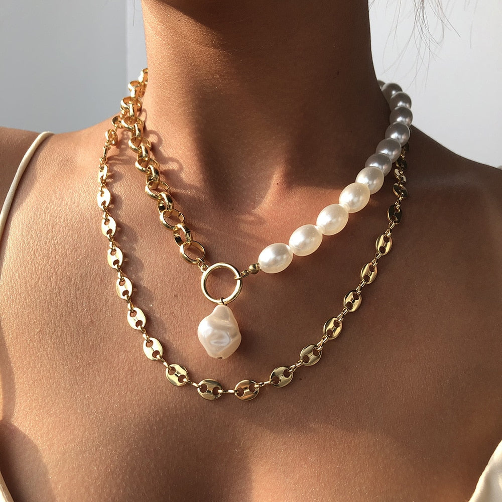 Half Chain Half Pearl 2 Layers Cuban Link Chain Baroque Pearl Pendant Choker Necklaces