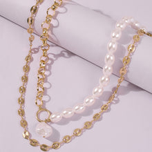 Load image into Gallery viewer, Half Chain Half Pearl 2 Layers Cuban Link Chain Baroque Pearl Pendant Choker Necklaces
